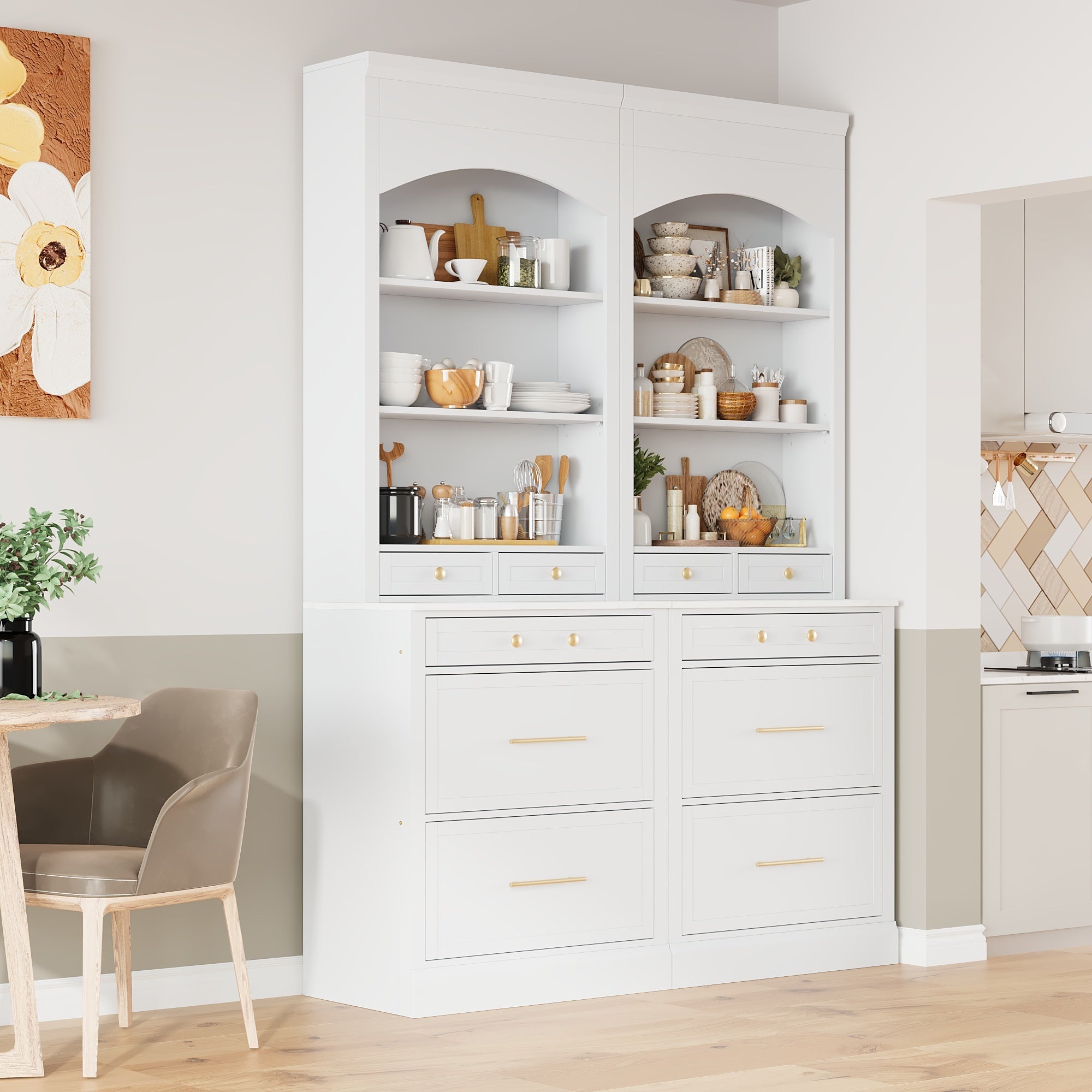 [Assembly Video Provided] TOPMAX Modern 83.7inch High Kitchen Pantry, Freestanding Tall Kitchen Hutch with Faux Marble Top,Cupboard Cabinet with 5 Storage Drawers and Adjustable Shelf, Set of 2, White - Grand Goldman Shop