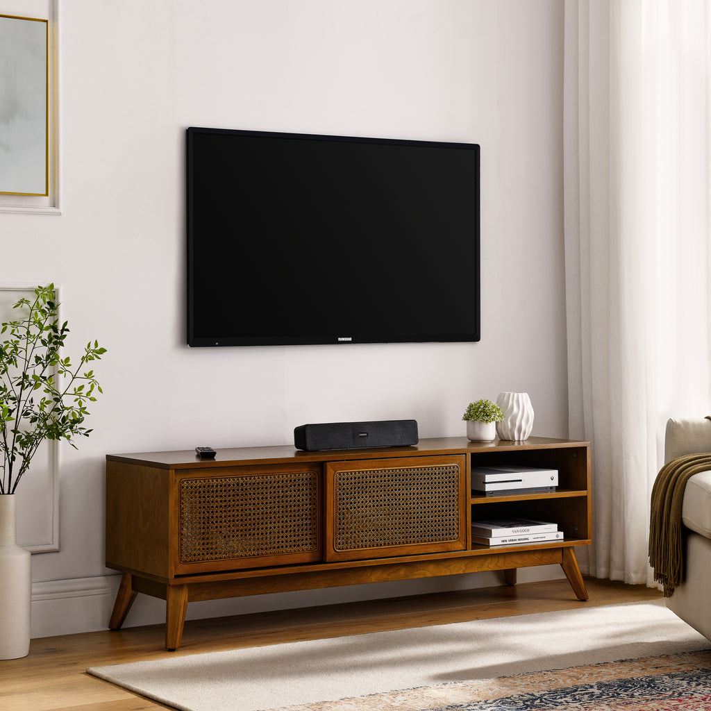 59 Inch Mid Century Modern Rattan TV Stand for 65 Inch TV, Entertainment Cabinet, Media Console for Living Room Media Room, Solid Wood Feet & Rattan Cabinet Doors - Light Wood - Grand Goldman Shop