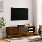 59 Inch Mid Century Modern Rattan TV Stand for 65 Inch TV, Entertainment Cabinet, Media Console for Living Room Media Room, Solid Wood Feet & Rattan Cabinet Doors - Light Wood - Grand Goldman Shop
