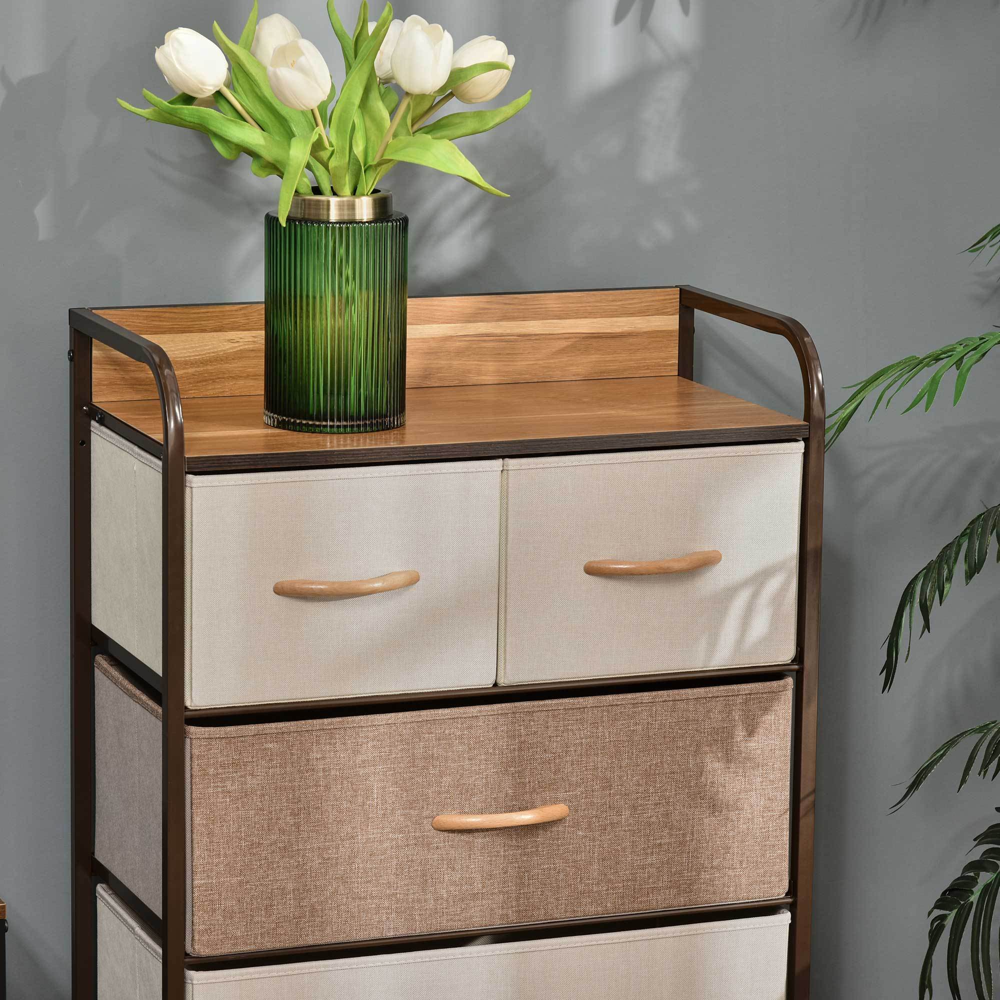 HOMCOM 5-Drawer Dresser, Fabric Drawers, 4-Tier Storage Organizer for Bedroom Entryway, Tower Unit with Steel Frame Wooden Top, Maple Wood - Grand Goldman Shop