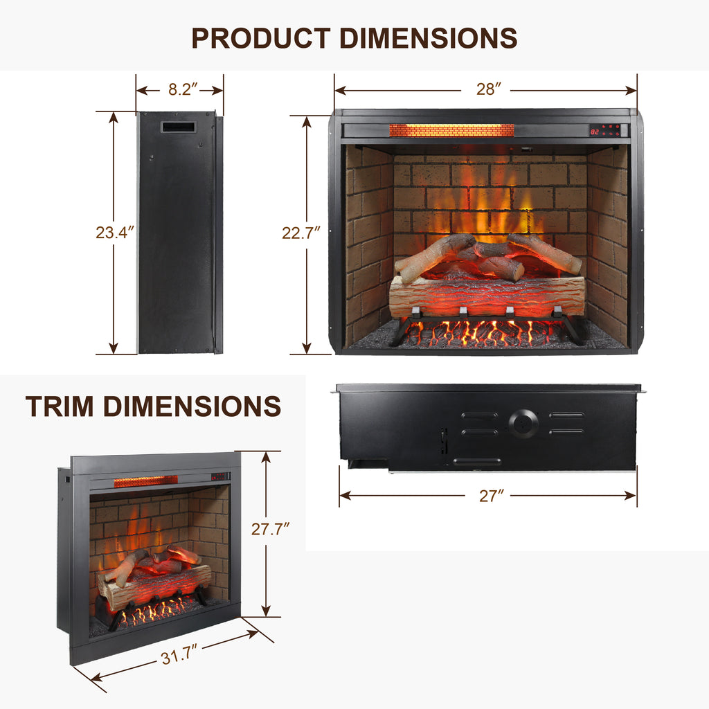 28 inch Infrared Electric Fireplace with Removable Trim kit Insert, Touch Panel Home Decor Heater, Smokeless Firebox With Fire Crackling Sound - Grand Goldman Shop