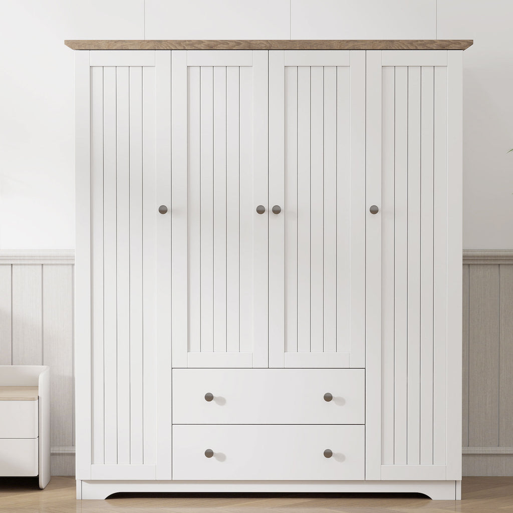 White 4 Door Wardrobe Armoire with 2 Drawers, Pine Wood + MDF, 60.6''L x 20.8''W x 68.5''H - Grand Goldman Shop