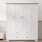 White 4 Door Wardrobe Armoire with 2 Drawers, Pine Wood + MDF, 60.6''L x 20.8''W x 68.5''H - Grand Goldman Shop