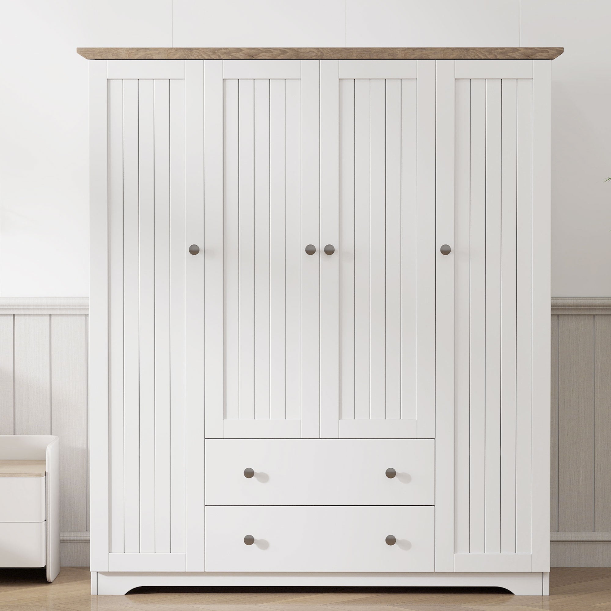 White 4 Door Wardrobe Armoire with 2 Drawers, Pine Wood + MDF, 60.6''L x 20.8''W x 68.5''H - Grand Goldman Shop