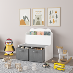 Kids Bookshelf with Storage Bins – Wooden Bookcase with Book Display Shelf and 2 Fabric Bins, Cute Bear-Shaped Backboard, Toy