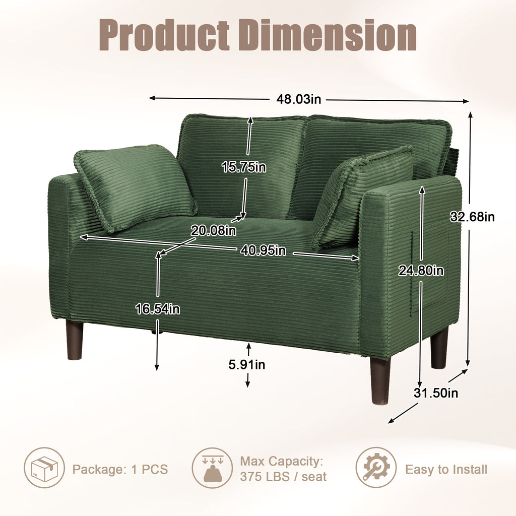 48' Soft Corduroy Loveseat Couch W/Soft Cushions,Side Storage Pocket,Sturdy Composite Board & Solid Wood Frame, High Rebound Sponge,Easy Assembly,Ideal for Living Room,Apartment,Dorm,Office. - Grand Goldman Shop