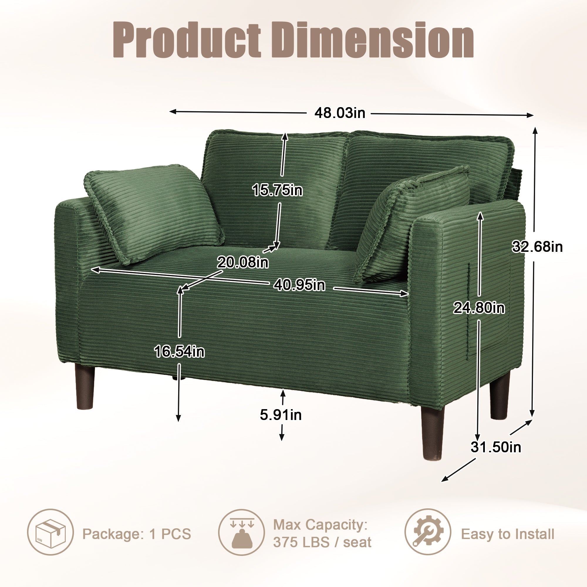 48' Soft Corduroy Loveseat Couch W/Soft Cushions,Side Storage Pocket,Sturdy Composite Board & Solid Wood Frame, High Rebound Sponge,Easy Assembly,Ideal for Living Room,Apartment,Dorm,Office. - Grand Goldman Shop