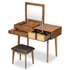 43.3' Classic Wood Makeup Vanity Set with Flip-top Mirror and Stool, Dressing Table with Three Drawers and storage space, Brown - Grand Goldman Shop