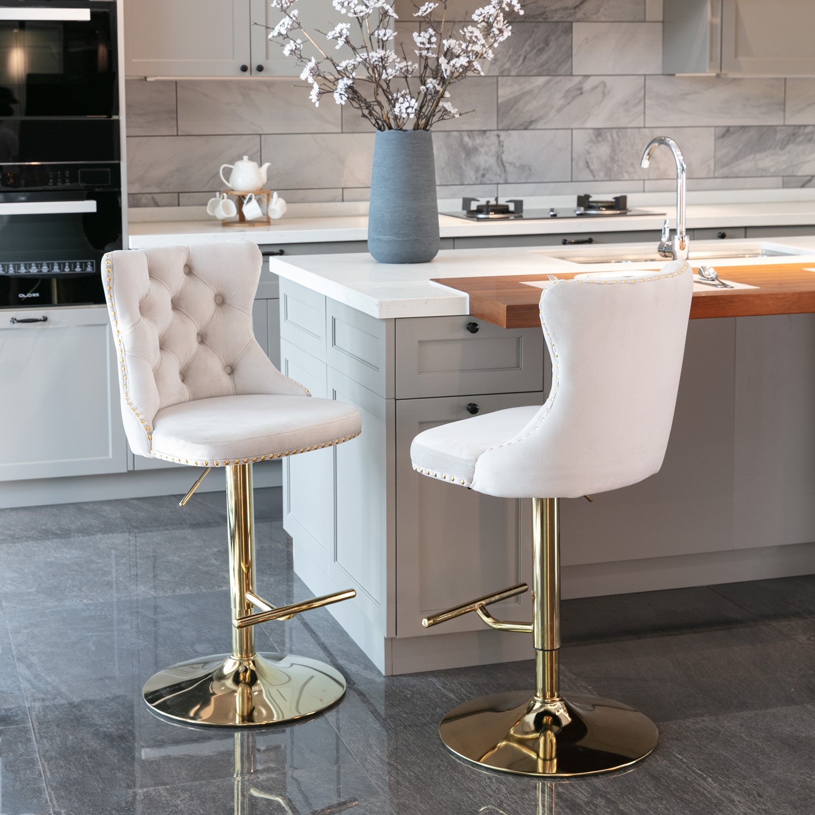 A&A Furniture,Golden Swivel Velvet Barstools Adjusatble Seat Height from 25-33 Inch,Modern Upholstered Bar Stools with Backs Comfortable Tufted for Home Pub and Kitchen Island,Beige,Set of 2 - Grand Goldman Shop