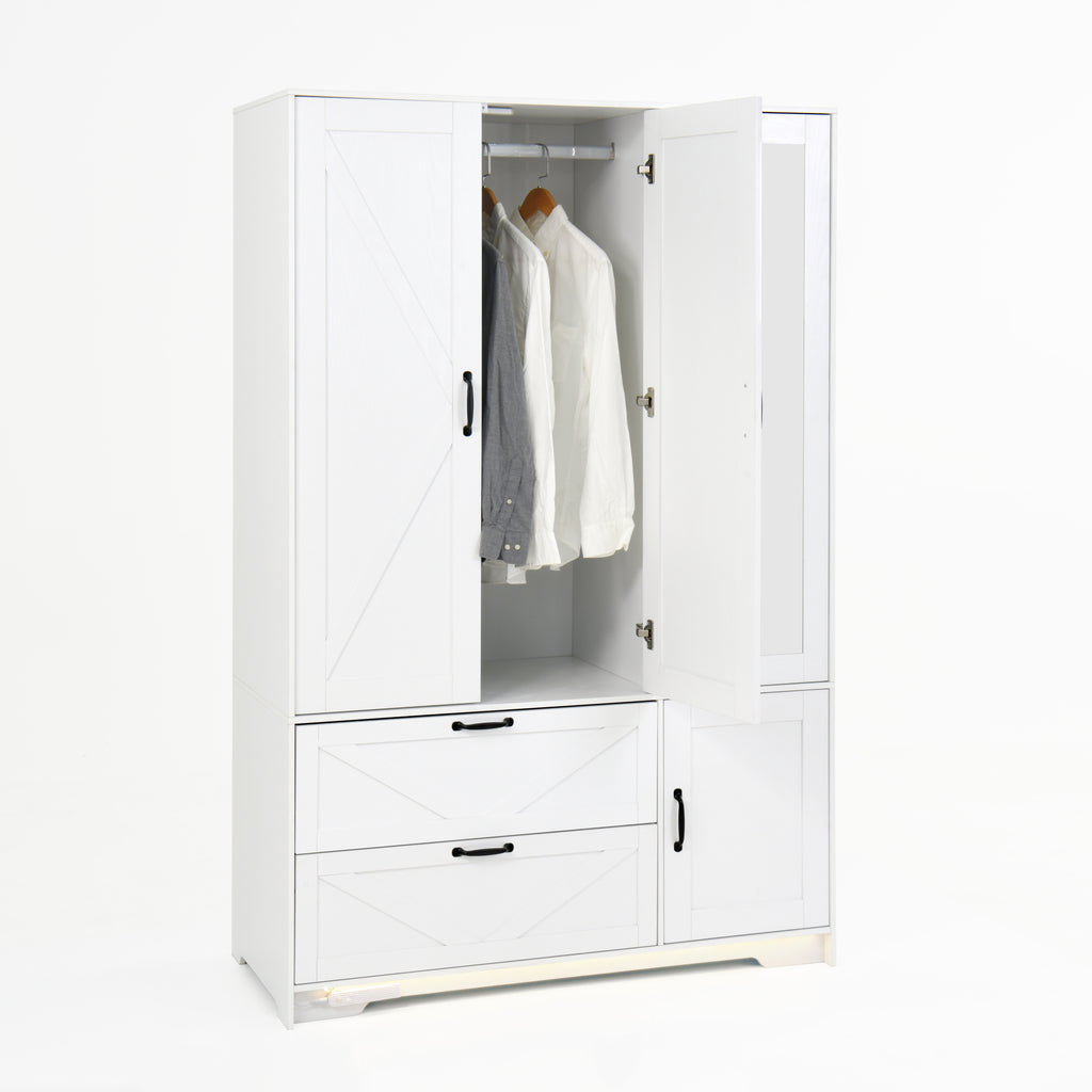 4 Doors Wardrobe Closet with Mirror, LED Wardrobe with Doors and 2 Drawers, Wooden Wardrobe Storage Cabinet with Hanging Rod, Adjustable Shelves, White - Grand Goldman Shop