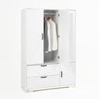 4 Doors Wardrobe Closet with Mirror, LED Wardrobe with Doors and 2 Drawers, Wooden Wardrobe Storage Cabinet with Hanging Rod, Adjustable Shelves, White - Grand Goldman Shop
