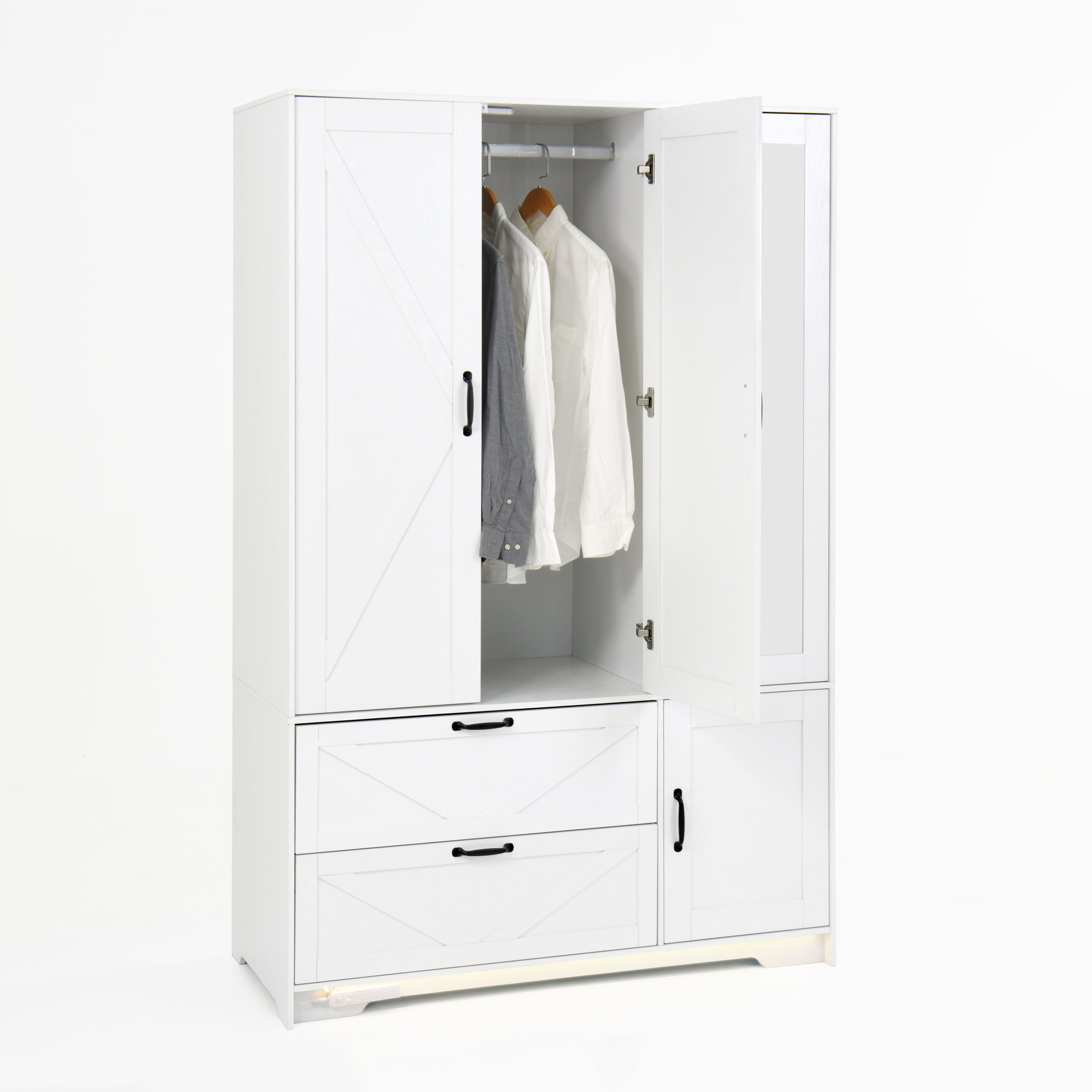 4 Doors Wardrobe Closet with Mirror, LED Wardrobe with Doors and 2 Drawers, Wooden Wardrobe Storage Cabinet with Hanging Rod, Adjustable Shelves, White - Grand Goldman Shop