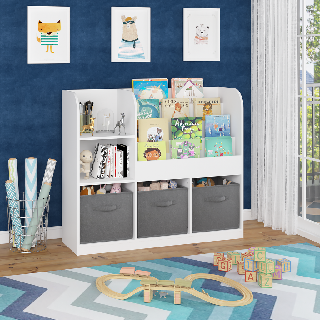 Kids Bookcase and Bookshelf with 3 Collapsible Fabric Drawers, Multifunctional Display Stand for Bedroom, Playroom, Hallway i