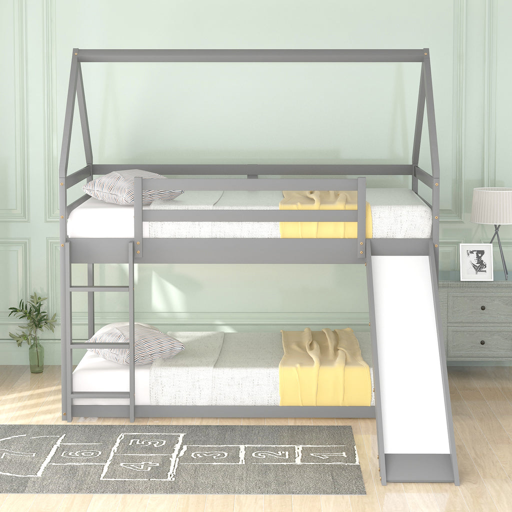 Gray House-Shape Twin Over Twin Bunk Bed with Slide and Ladder, Pine Wood and MDF, 77.4''L x 41.7''W x 70.9''H - Grand Goldman Shop