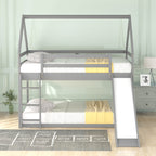 Gray House-Shape Twin Over Twin Bunk Bed with Slide and Ladder, Pine Wood and MDF, 77.4''L x 41.7''W x 70.9''H - Grand Goldman Shop