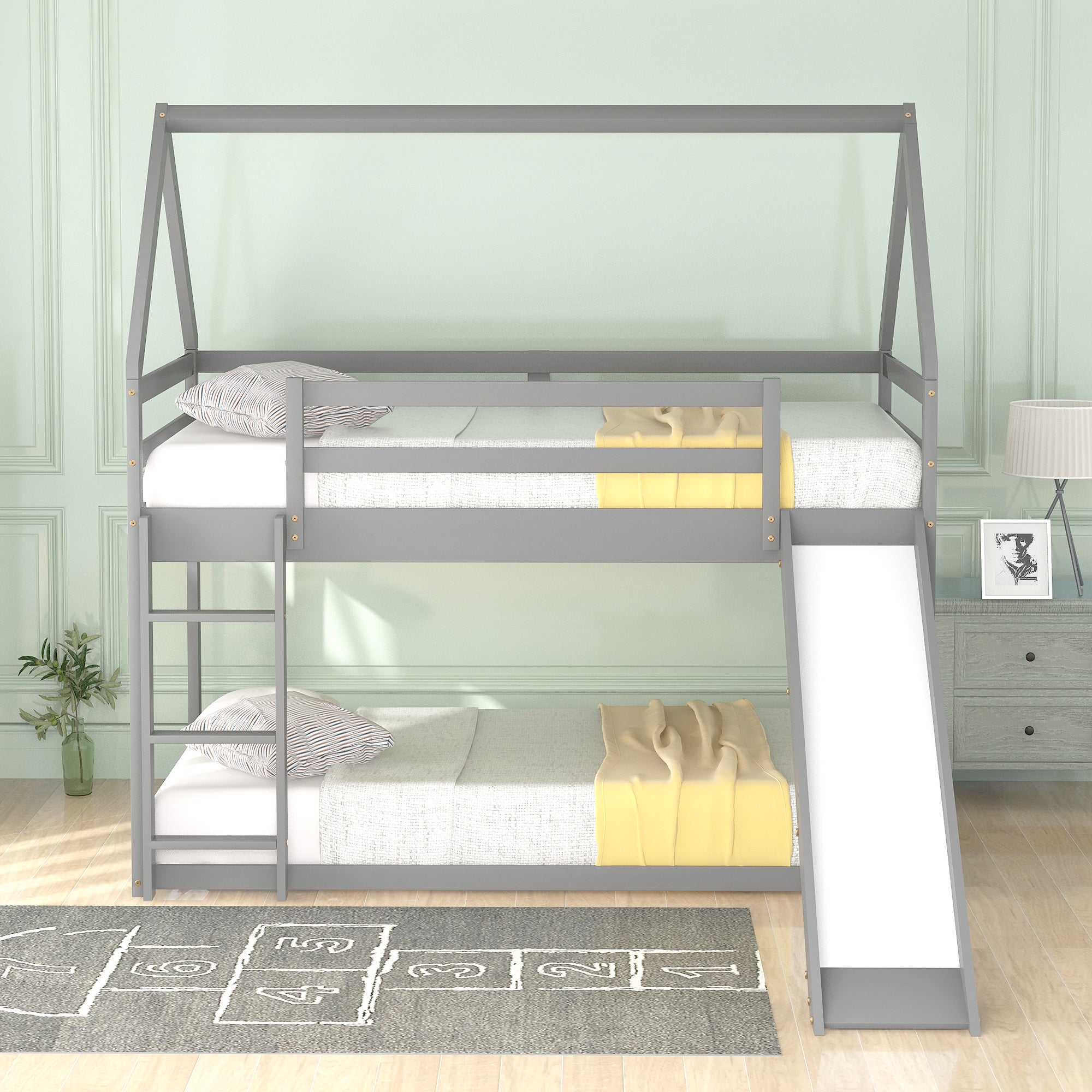 Gray House-Shape Twin Over Twin Bunk Bed with Slide and Ladder, Pine Wood and MDF, 77.4''L x 41.7''W x 70.9''H - Grand Goldman Shop