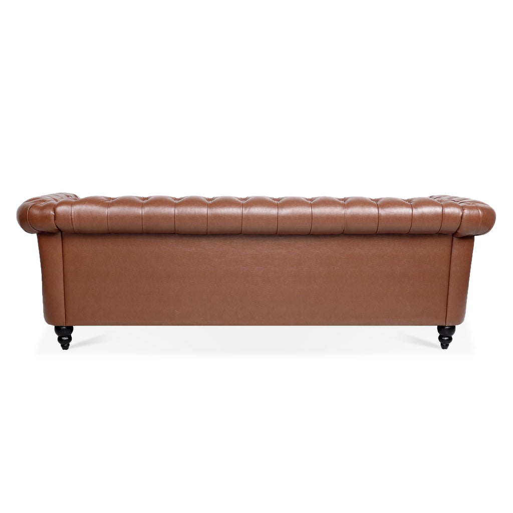 Classic Chesterfield Three Seater Sofa Brown PU Leather with Rolled Arms and Birch Legs 84.65 Inches - Grand Goldman Shop