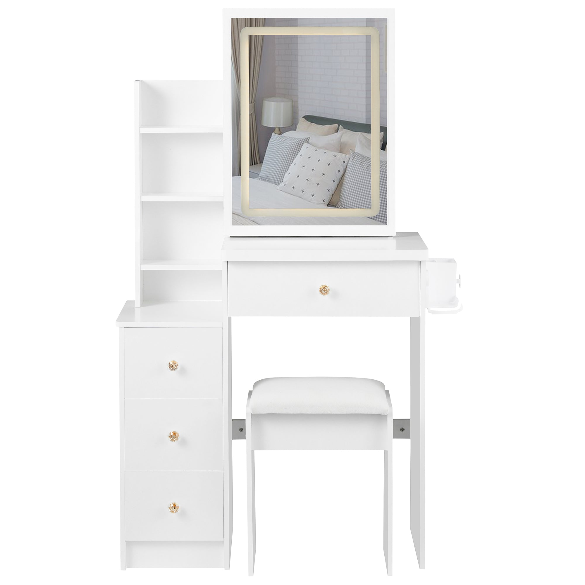 29.2' Small Size Left Bedside Cabinet Vanity Table + Cushioned Stool, 2 AC+2 USB Power Station, Hair dryer bracket, Extra Large Touch Control Sliding LED Mirror, Tri-color Switching, Brightness Adjust - Grand Goldman Shop
