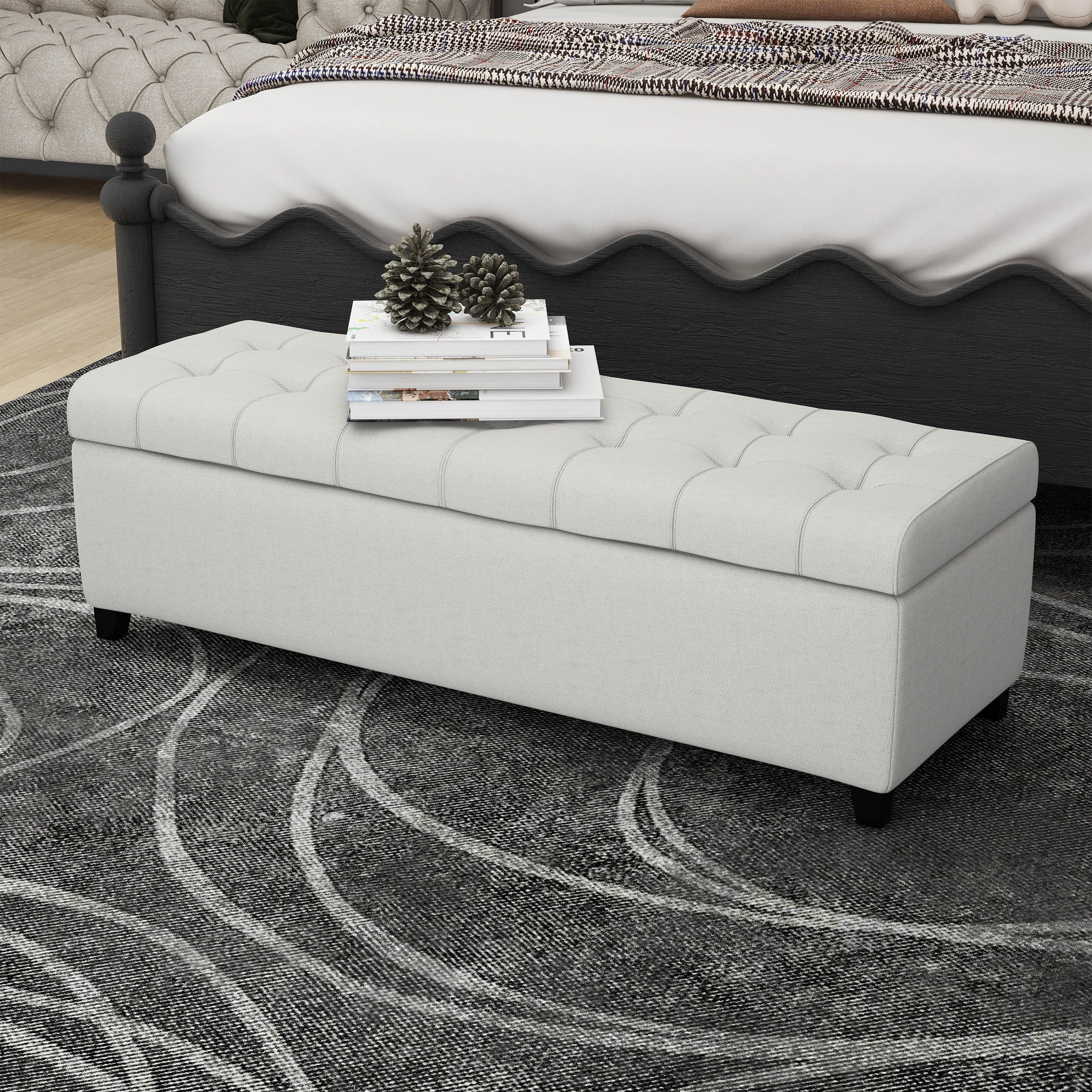 Upholstered Storage Ottoman Bench, Entryway Bench, End of Bed Bench, Ottoman Foot Rest for Bedroom, Light Grey, 300lbs - Grand Goldman Shop