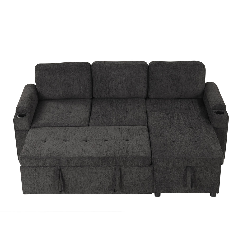Black Convertible L-shaped Sofa Couch with Storage, Cup Holders, USB Ports, Chenille Fabric, 83.5' - Grand Goldman Shop