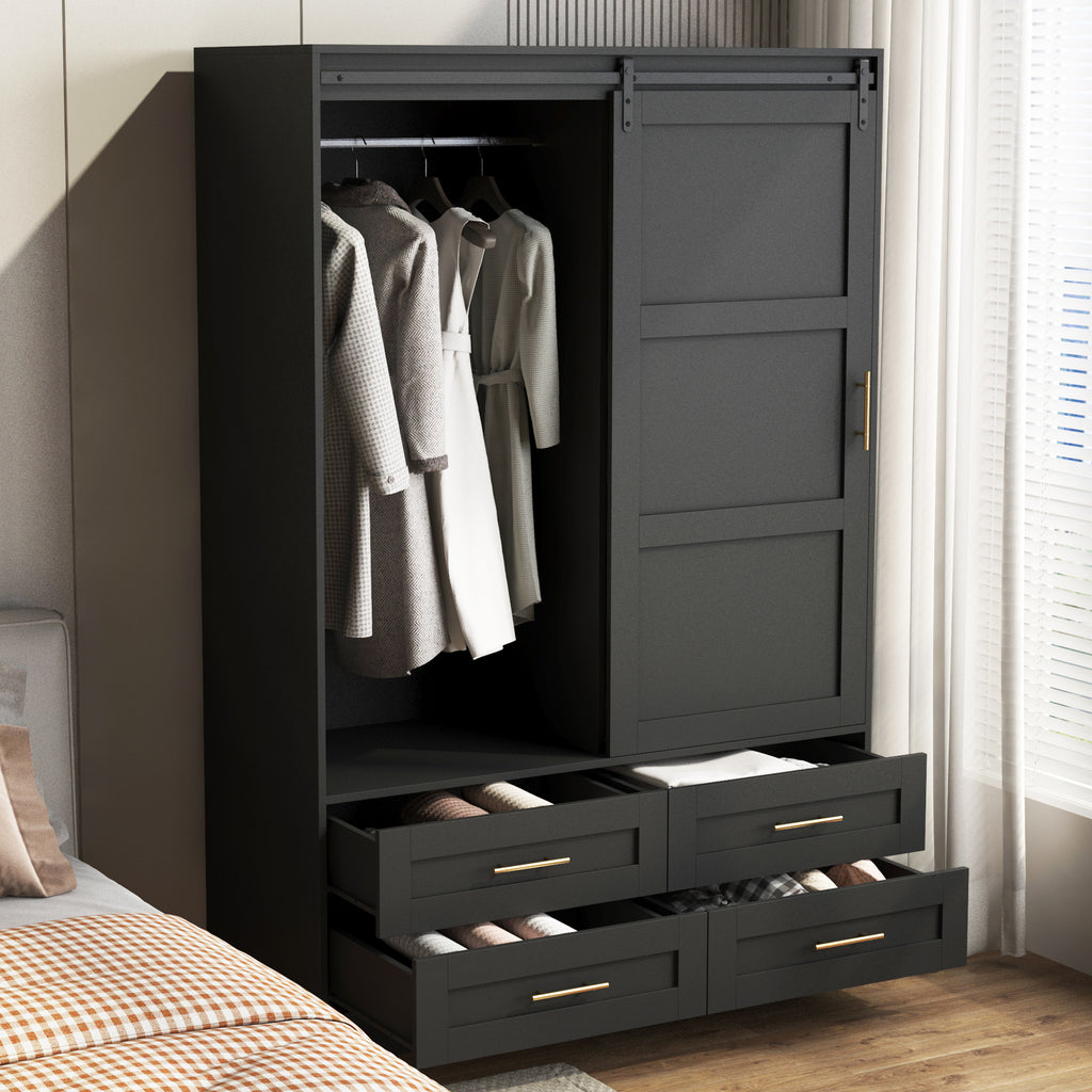 Tall Bedroom Armoire Wardrobe Closet Clothing Storage Cabinet with Hanging Rod Barn Door Drawers Open Shelves - Grand Goldman Shop