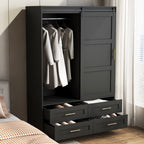 Tall Bedroom Armoire Wardrobe Closet Clothing Storage Cabinet with Hanging Rod Barn Door Drawers Open Shelves - Grand Goldman Shop