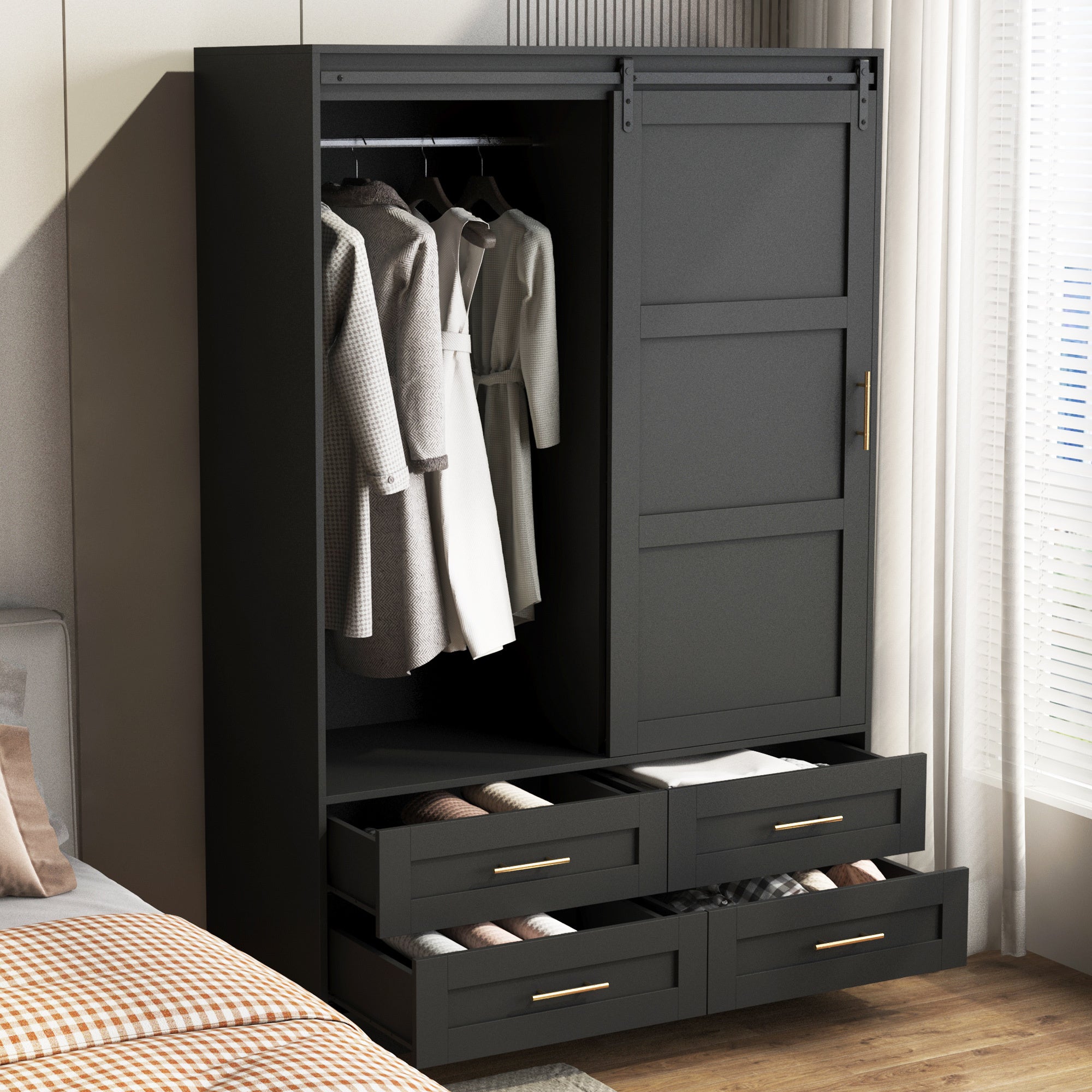 Tall Bedroom Armoire Wardrobe Closet Clothing Storage Cabinet with Hanging Rod Barn Door Drawers Open Shelves - Grand Goldman Shop