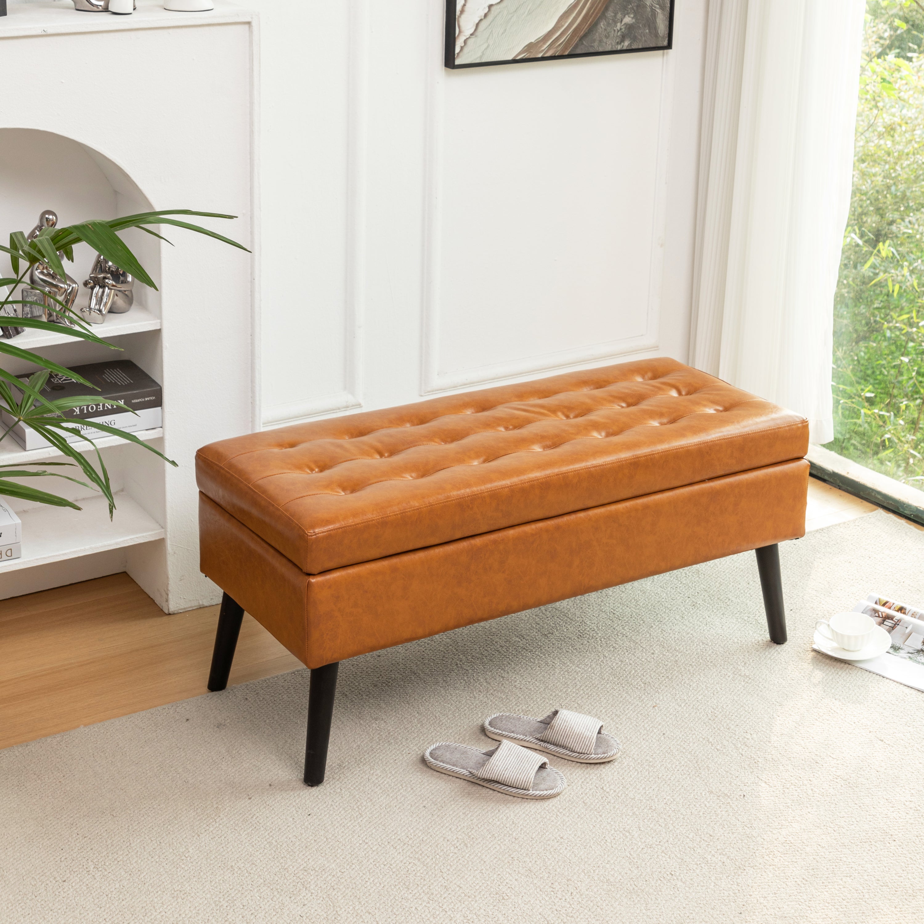 Storage Bench with Storage Bench for Bedroom End of Bed Bench Foot of Bed Bench Entryway Bench Storage Ottoman Bench 43.3' W x 17.7' Brown Leather Bench - Grand Goldman Shop