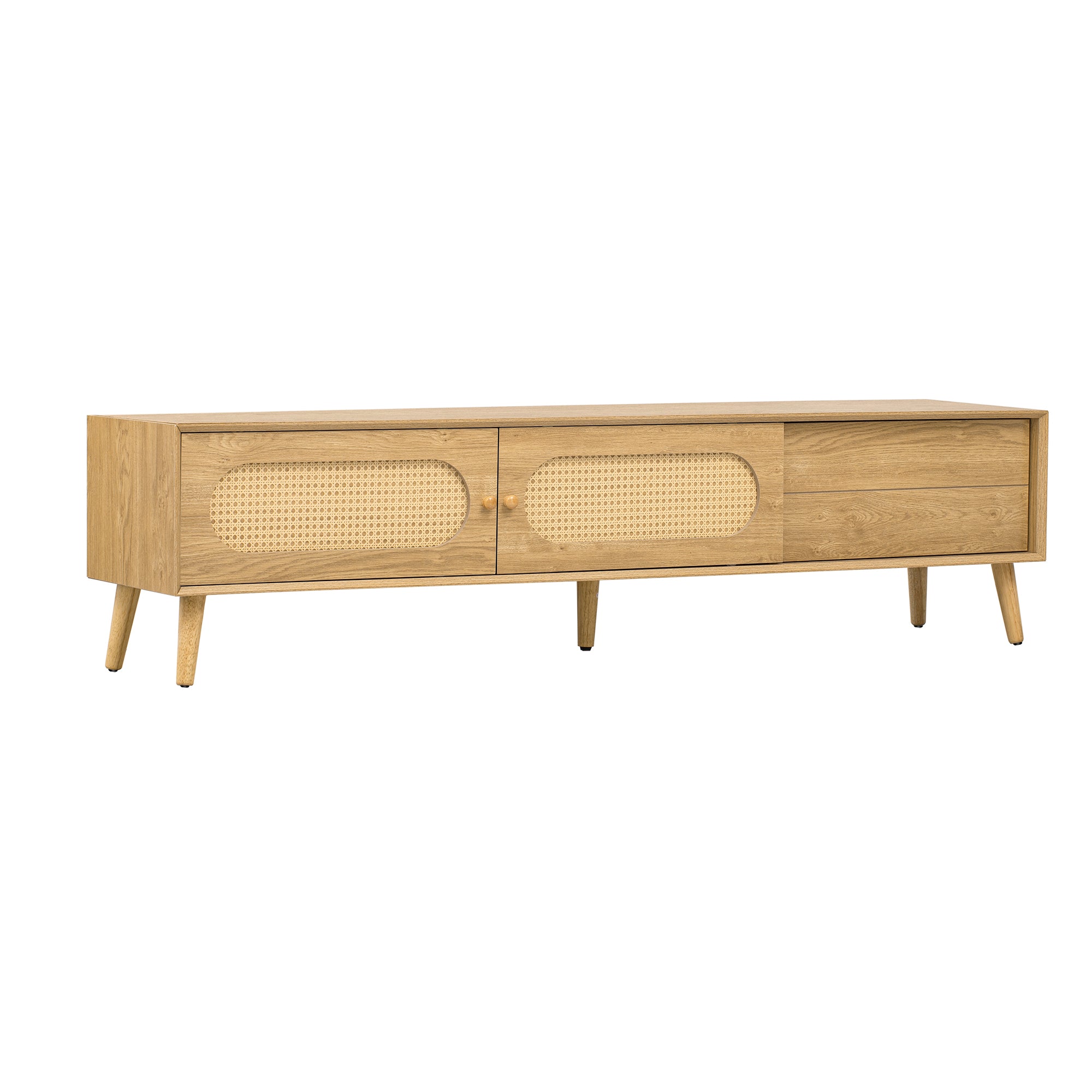Boho TV Stand for TVs up to 80'', Modern Farmhouse Media Console with Solid Wood Legs, Natural Wood Finish, MDF Cabinet, 70.8''L x 15.7''W x 17.7''H - Grand Goldman Shop
