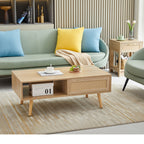 41.34' Rattan Coffee Table, Sliding Door for Storage, Solid Wood Legs, Modern Table for Living Room-Natural - Grand Goldman Shop