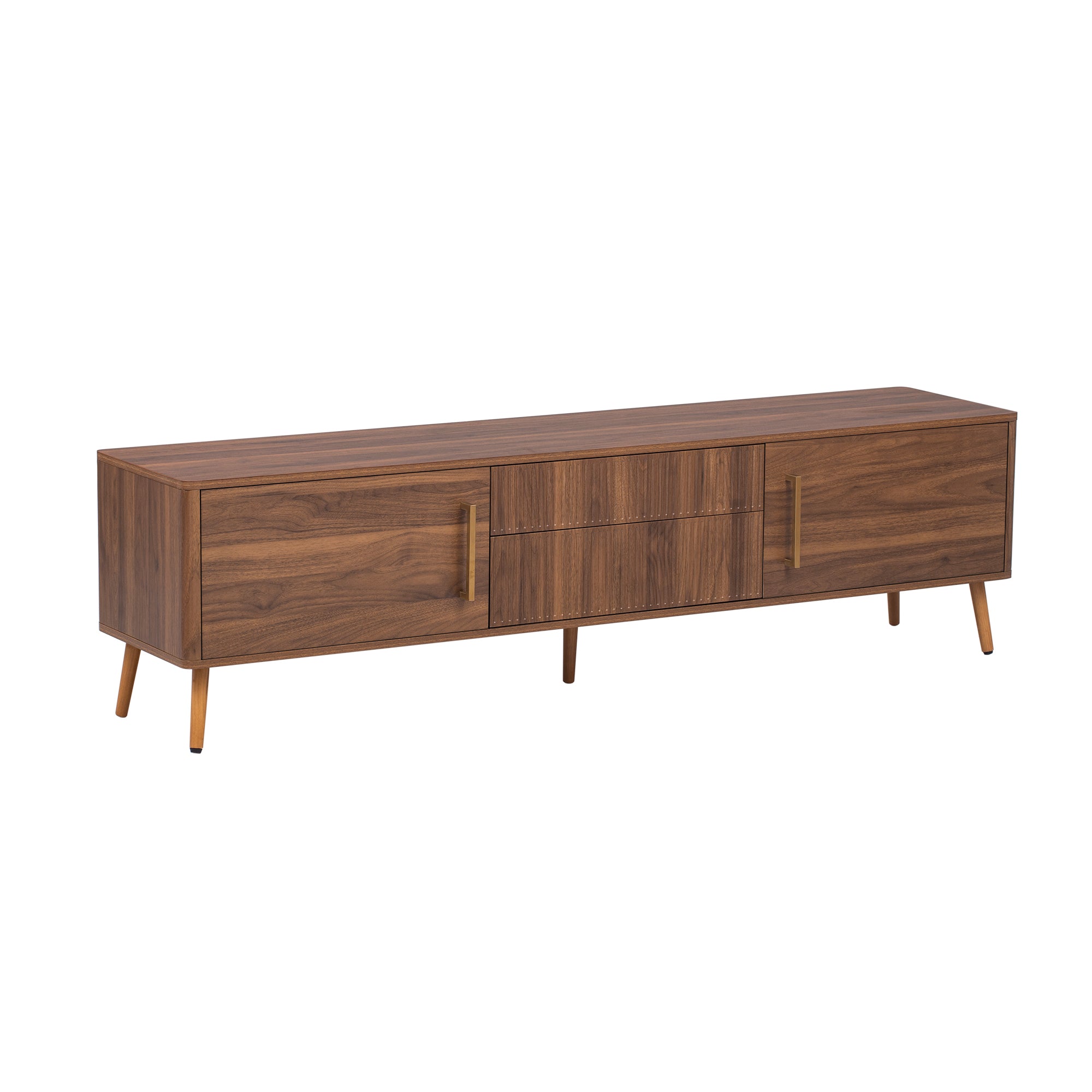 Mid Century TV Stand with 2 Drawers, Media Console Table for TVs up to 80'', Walnut Finish Solid Wood and MDF Entertainment Center for Living Room, Bedroom, Home Theatre - Grand Goldman Shop