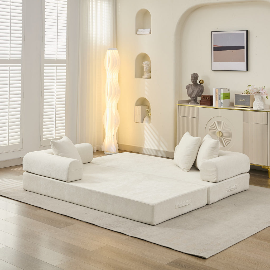 Comfy Convertible Folding Mattress Couch, Floor Sofa Bed, Chenille Floor Sofa with Armrest, Floor Sofa Lounge Couch for Living Room Bedroom Lounge Studio-Beige - Grand Goldman Shop
