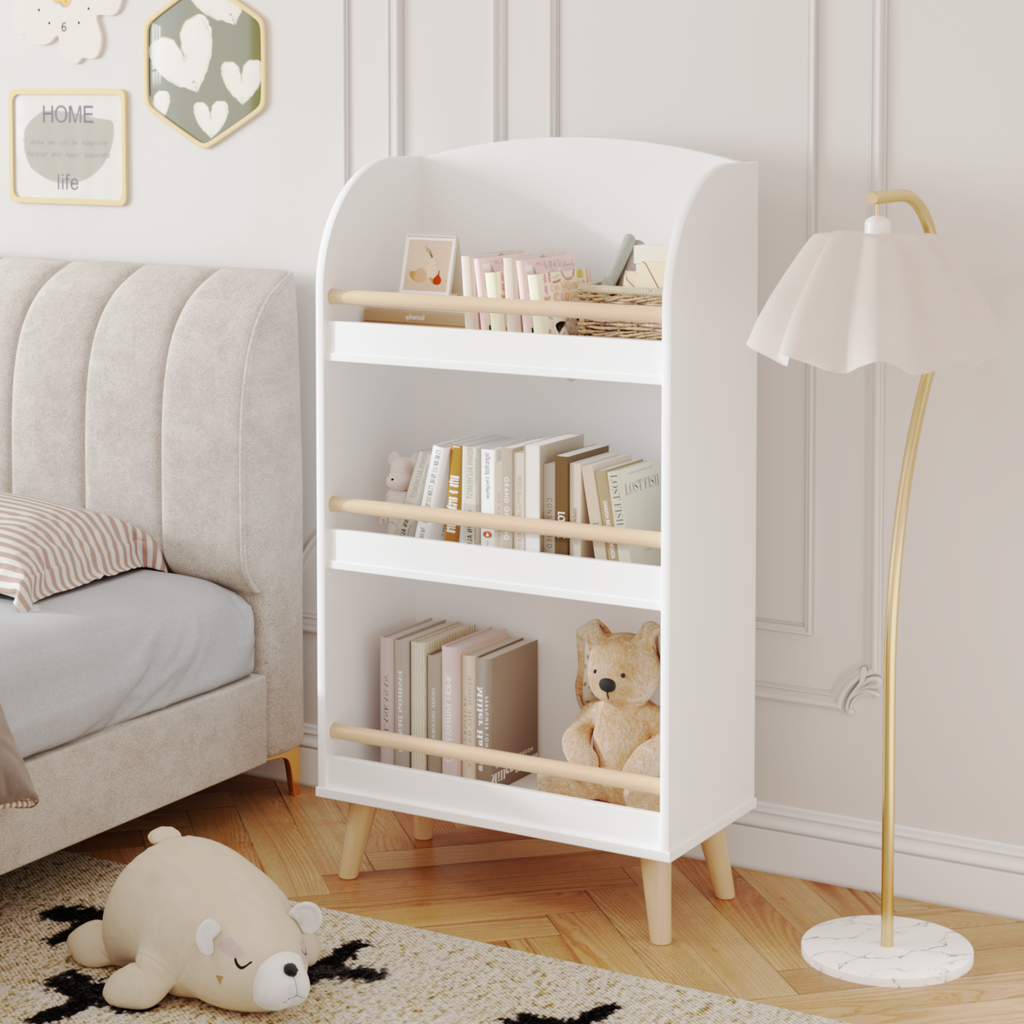Kids Bookshelf 3-Tier White Book Organizer with Toy Storage, MDF and Pine Wood Legs - Grand Goldman