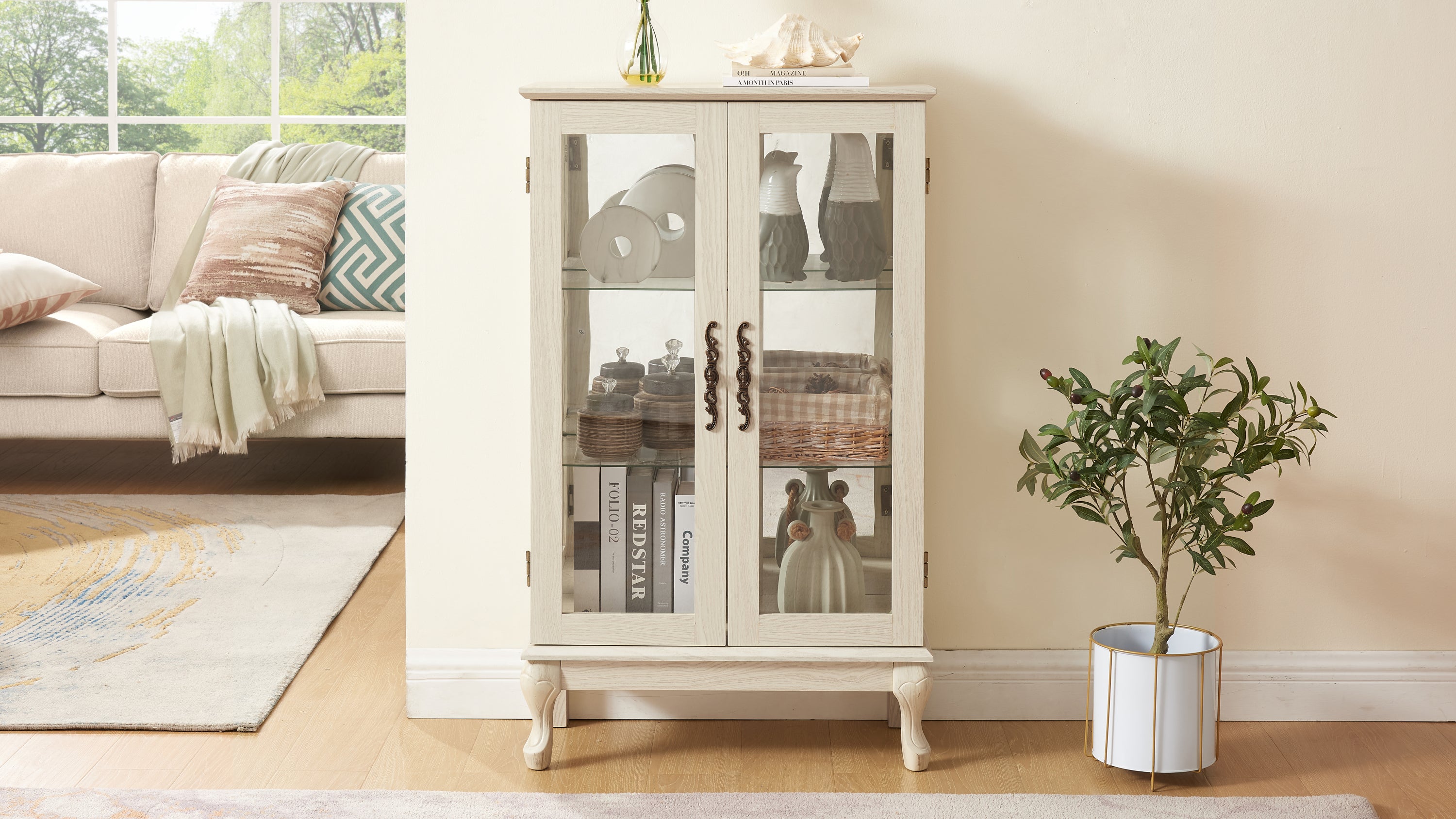 2 Doors Curio Cabinet with Tempered Glass Doors, Curio Cabinets with Mirrored Back Panel and Adjustable Shelves, Lighted Display Cabinet for Home, Office Light Bulb Included White - Grand Goldman Shop
