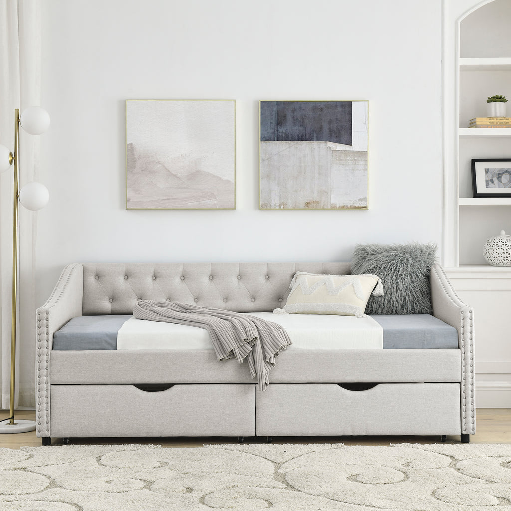 Mid-Century Twin Size Daybed with Drawers, Button Tufted Back and Copper Nail Trimmed Waved Arms, Beige Linen Upholstery, 81.5''x41''x30.5'' - Grand Goldman Shop