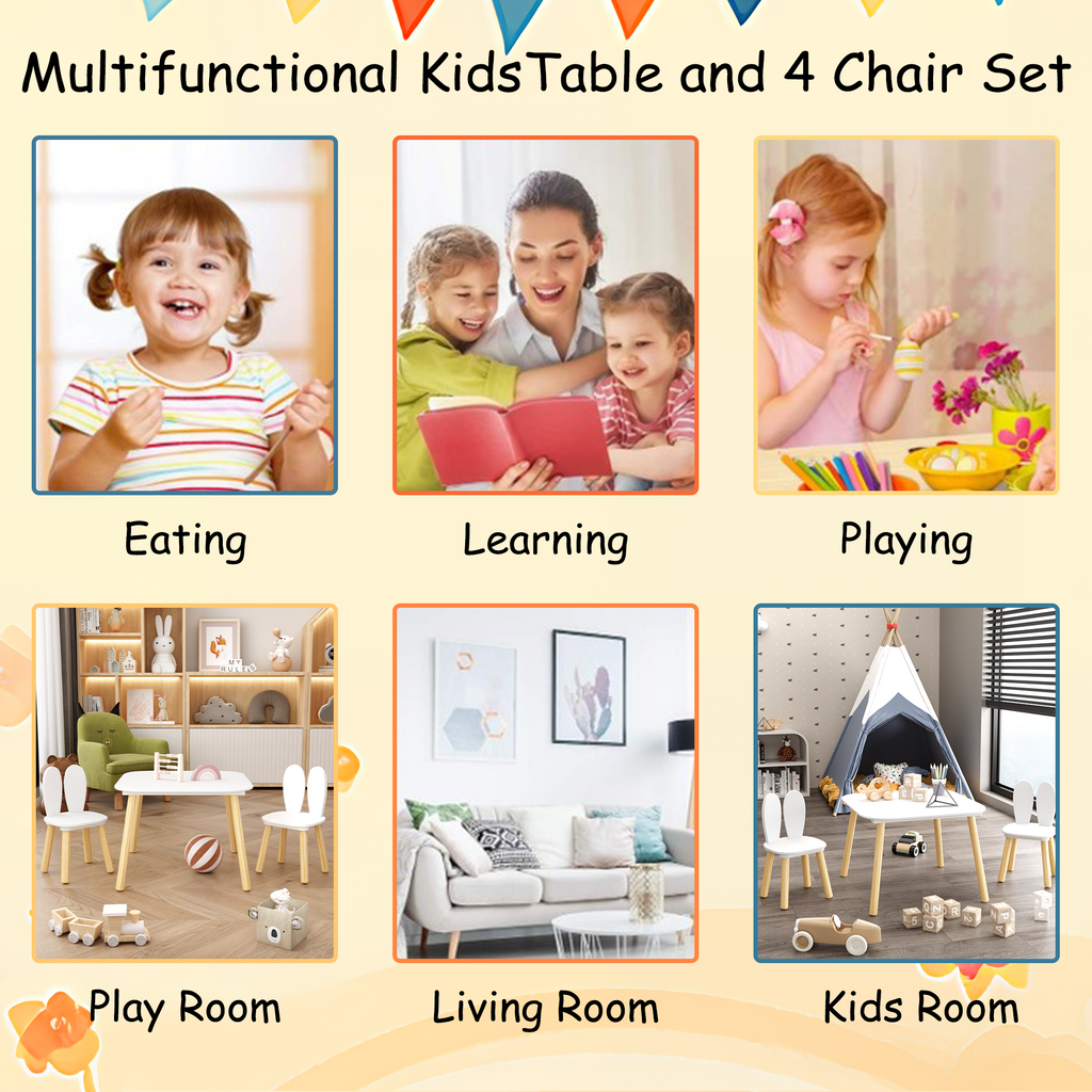 Rabbit Themed Kids Table and 2 Chairs Set, White Solid Wood & MDF Play Table with Rounded Edges, 3-Piece Toddler Furniture fo
