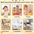 Rabbit Themed Kids Table and 2 Chairs Set, White Solid Wood & MDF Play Table with Rounded Edges, 3-Piece Toddler Furniture fo