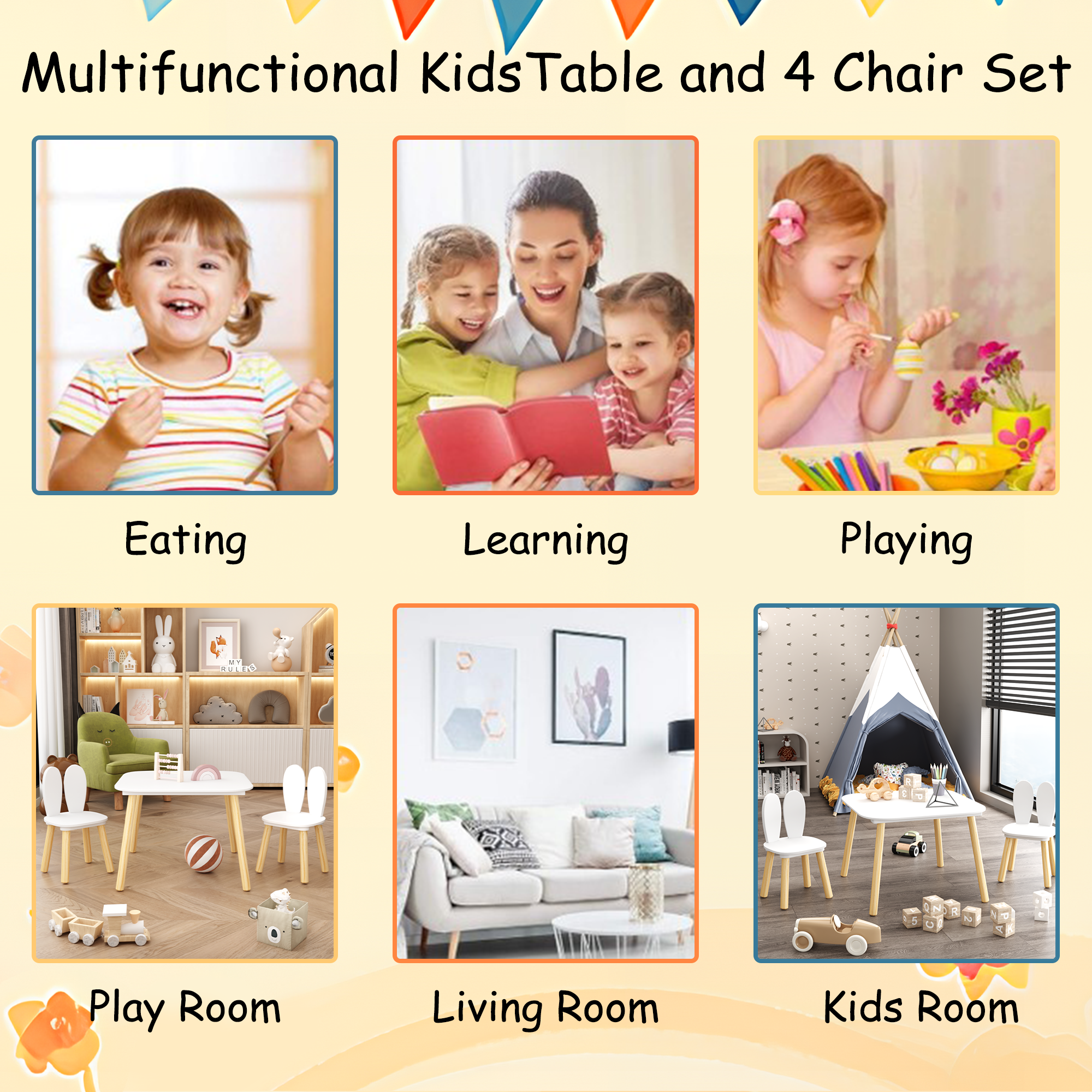 Rabbit Themed Kids Table and 2 Chairs Set, White Solid Wood & MDF Play Table with Rounded Edges, 3-Piece Toddler Furniture fo