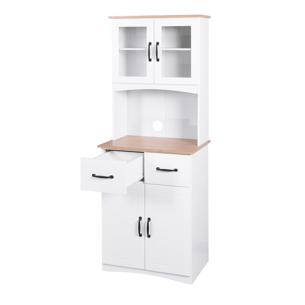Wooden Kitchen Cabinet White Pantry Room Storage Microwave Cabinet with Framed Glass Doors and Drawer - Grand Goldman Shop
