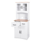 Wooden Kitchen Cabinet White Pantry Room Storage Microwave Cabinet with Framed Glass Doors and Drawer - Grand Goldman Shop
