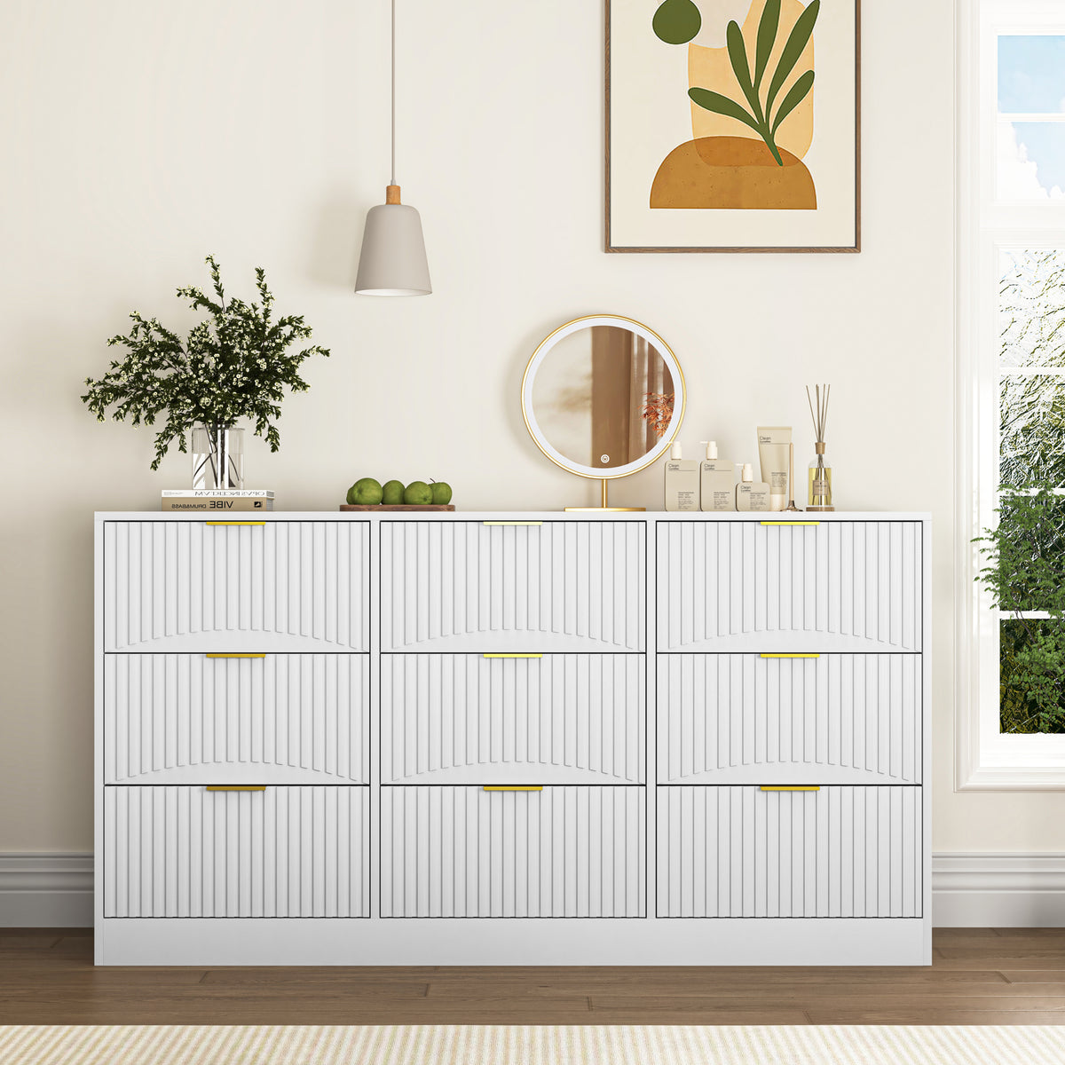White 9 Drawer Dresser, 63' Large Deep Chest of Drawers, Wooden Dresser Storage Cabinet with 9 Drawers for Bedroom, Long Dressers for Living Room, Hallway, Drawer panel with wavy patterns - Grand Goldman Shop