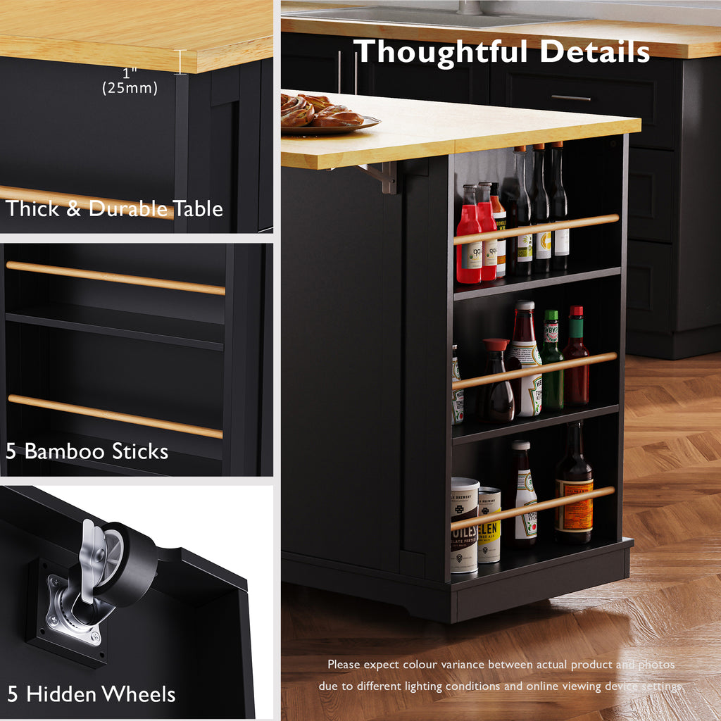 48 inch Kitchen Island with Drop Leaf,Power Outlet,Internal Storage Rack,Rolling Kitchen Storage Cart on 5 Wheels with 5 Open Side Racks,for Kitchen,Black (Old SKU N707P257057B)(Not Include Stools) - Grand Goldman Shop