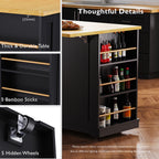48 inch Kitchen Island with Drop Leaf,Power Outlet,Internal Storage Rack,Rolling Kitchen Storage Cart on 5 Wheels with 5 Open Side Racks,for Kitchen,Black (Old SKU N707P257057B)(Not Include Stools) - Grand Goldman Shop