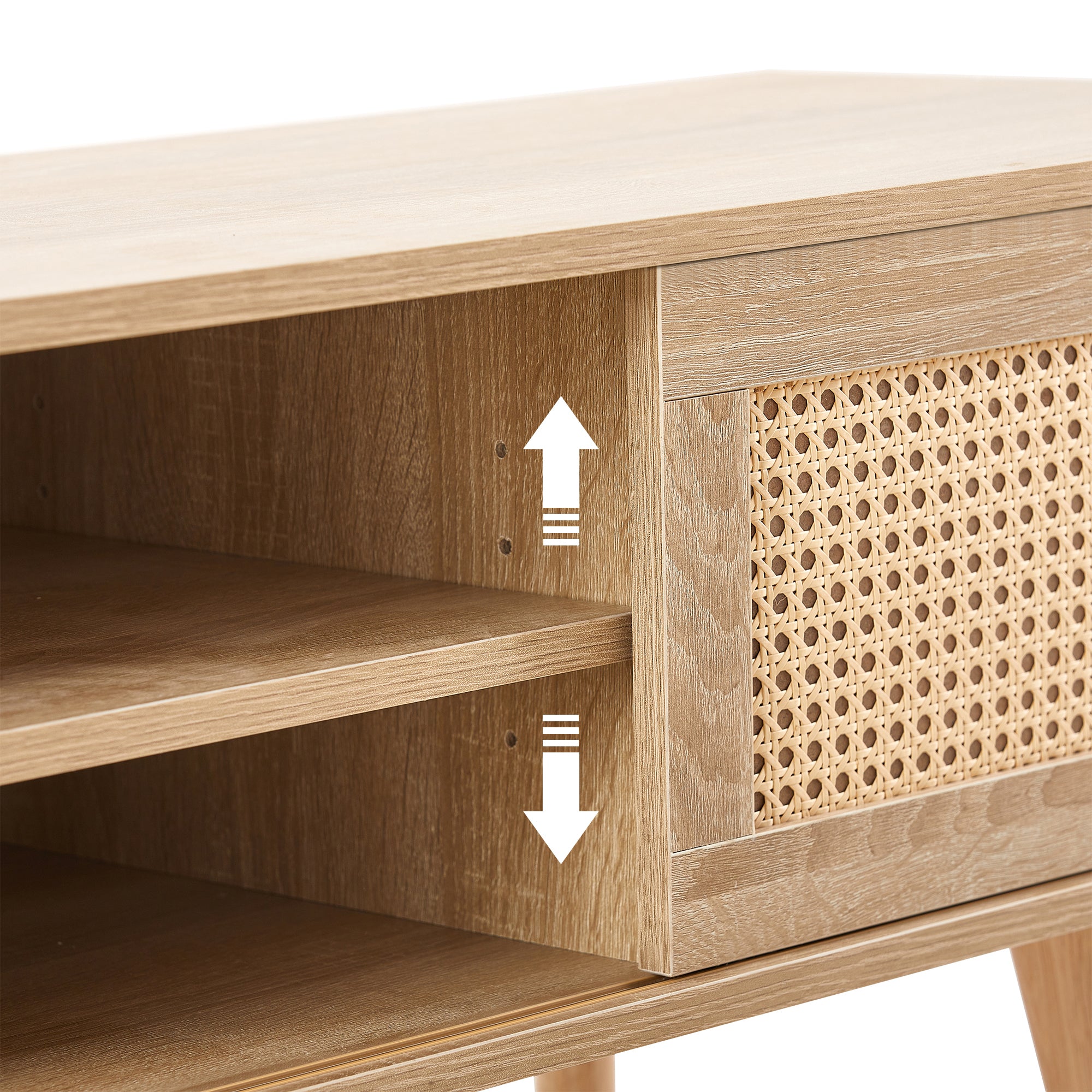 Natural Rattan TV Cabinet with Double Sliding Doors, Adjustable Shelf, Solid Wood Legs, 55.12 Inches - Grand Goldman Shop