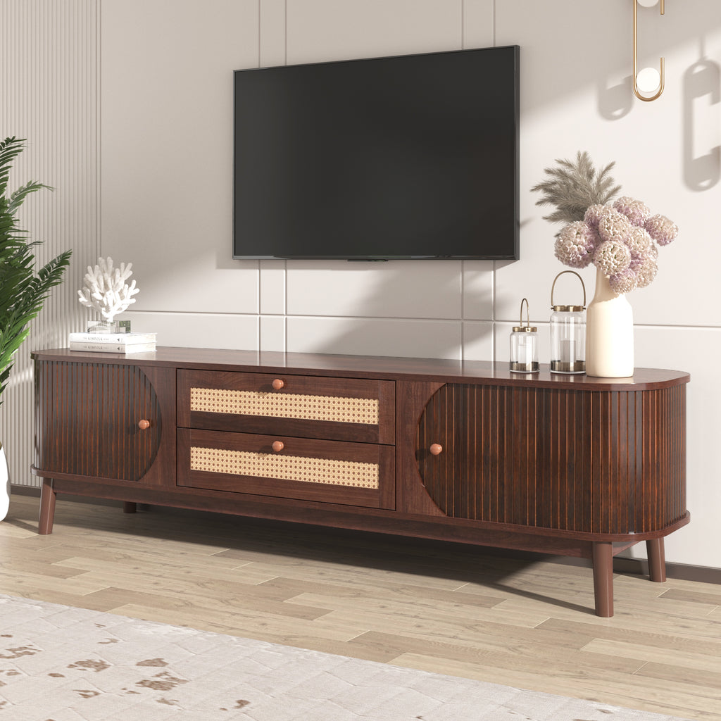 Modern Farmhouse Rattan TV Stand for TVs up to 75'', Natural Wood and Brown Solid Wood Legs, MDF Cabinet with Rattan Drawers and Sliding Doors, 66.93'' L Living Room Entertainment Console - Grand Goldman Shop