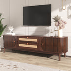 Modern Farmhouse Rattan TV Stand for TVs up to 75'', Natural Wood and Brown Solid Wood Legs, MDF Cabinet with Rattan Drawers and Sliding Doors, 66.93'' L Living Room Entertainment Console - Grand Goldman Shop