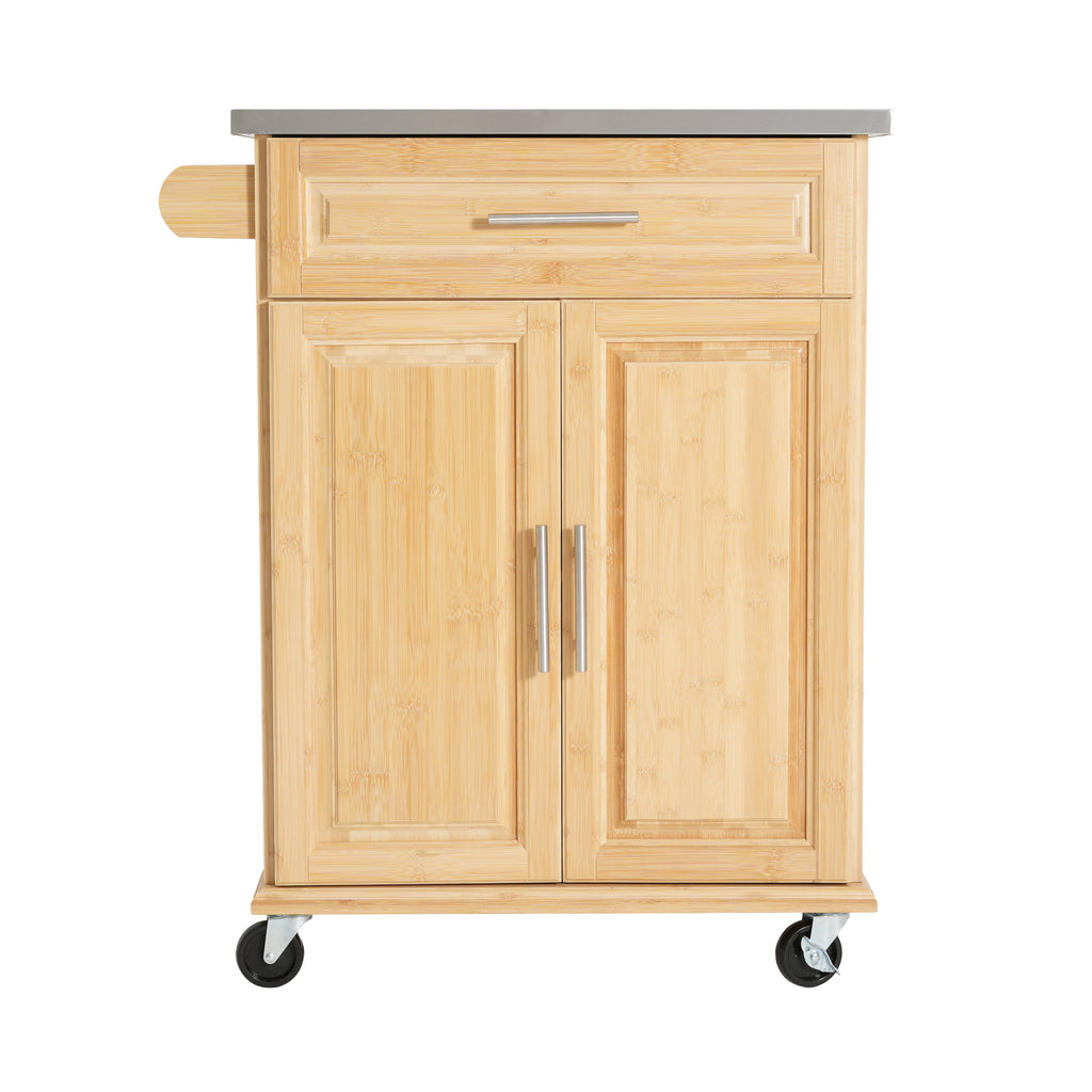 Indoor Compact Bamboo Rolling Kitchen Cart with Stainless Steel Top – Mobile Storage Island with Drawer & Cabinet for Small Spaces - Grand Goldman Shop