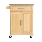 Indoor Compact Bamboo Rolling Kitchen Cart with Stainless Steel Top – Mobile Storage Island with Drawer & Cabinet for Small Spaces - Grand Goldman Shop