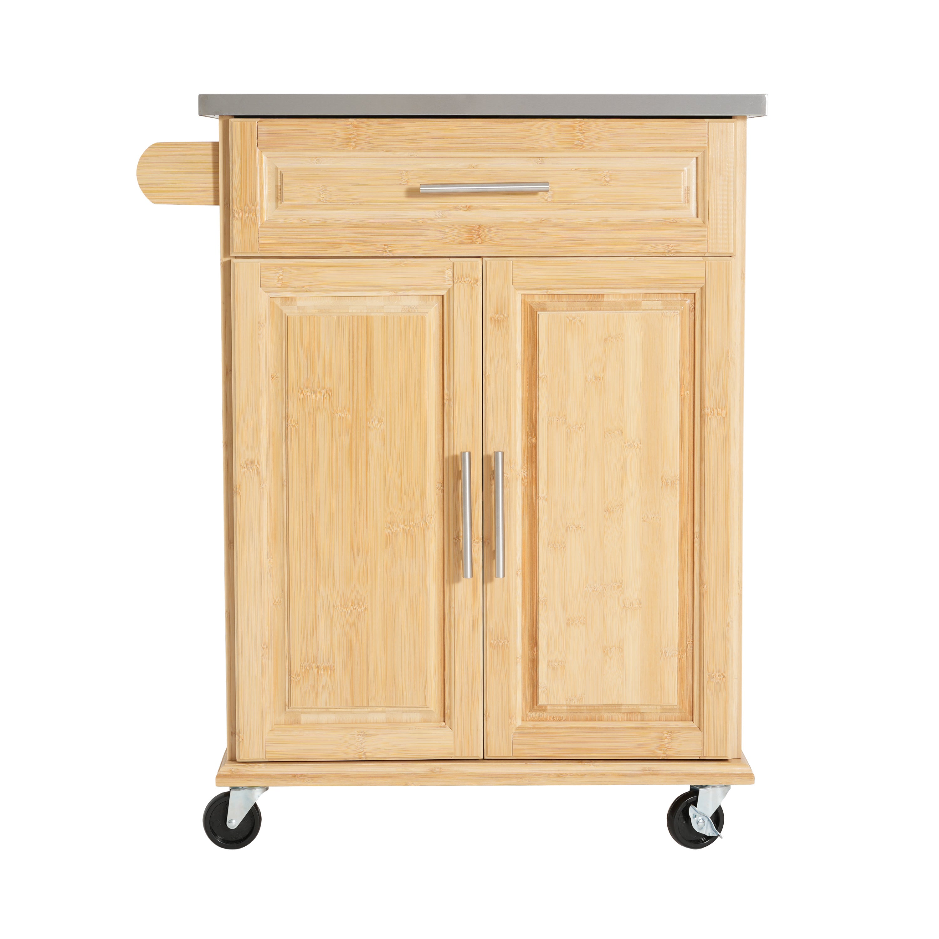 Indoor Compact Bamboo Rolling Kitchen Cart with Stainless Steel Top – Mobile Storage Island with Drawer & Cabinet for Small Spaces - Grand Goldman Shop