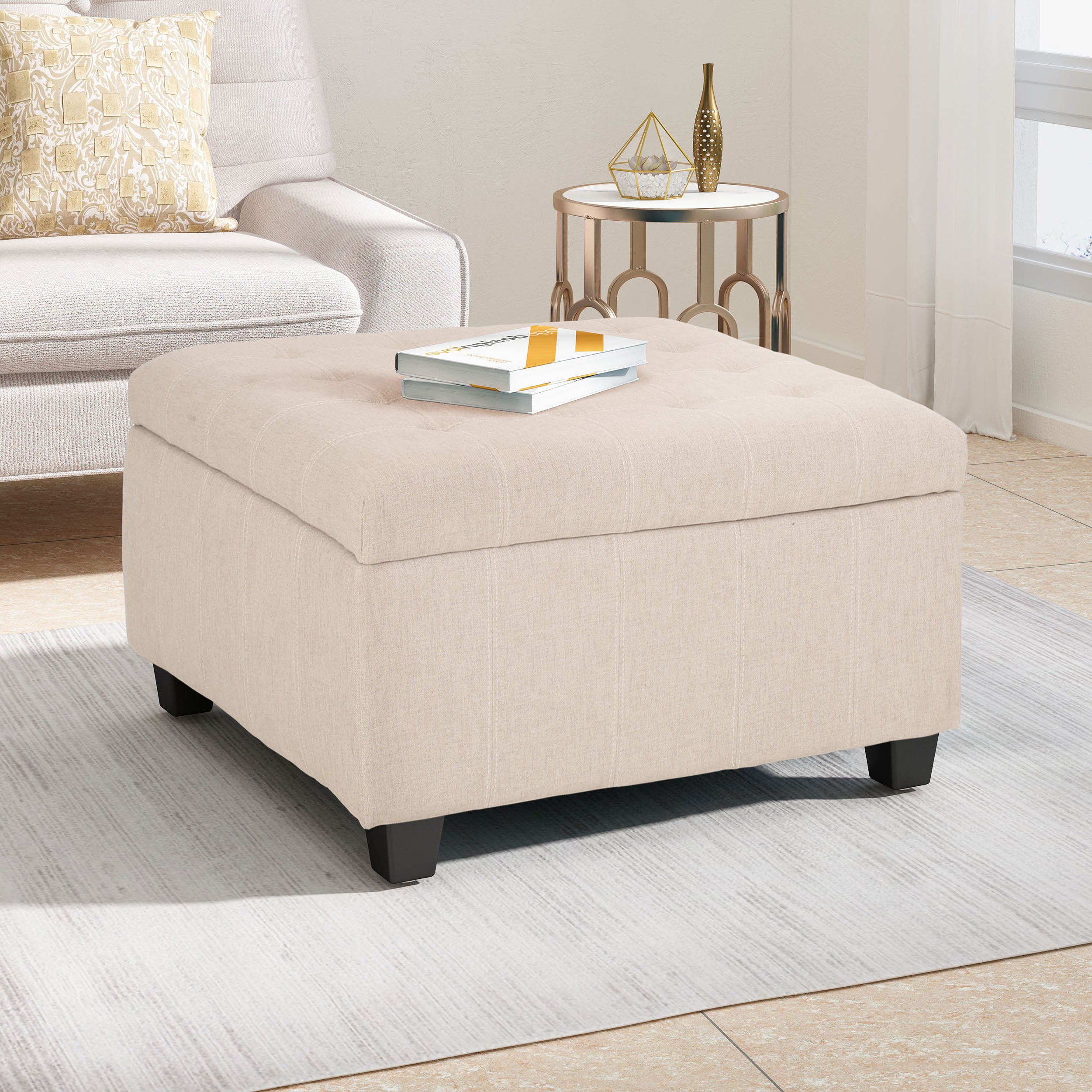 ISABELLA Ottoman Storage Solution in Wheat Fabric with Birch Legs - Grand Goldman Shop